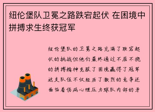 纽伦堡队卫冕之路跌宕起伏 在困境中拼搏求生终获冠军