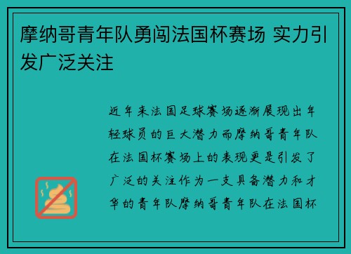 摩纳哥青年队勇闯法国杯赛场 实力引发广泛关注