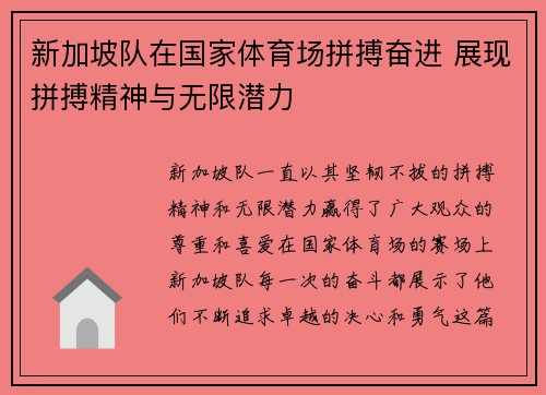 新加坡队在国家体育场拼搏奋进 展现拼搏精神与无限潜力